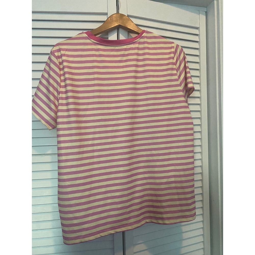 Pink and Yellow Striped Short Sleeve Crewneck T-Shirt Casual Top